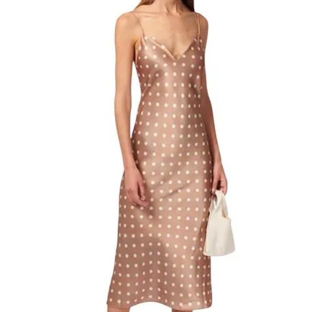 CAMI NYC Brown Ivory Polka Dot Satin Cowl Neck Midi Slip Dress Size M